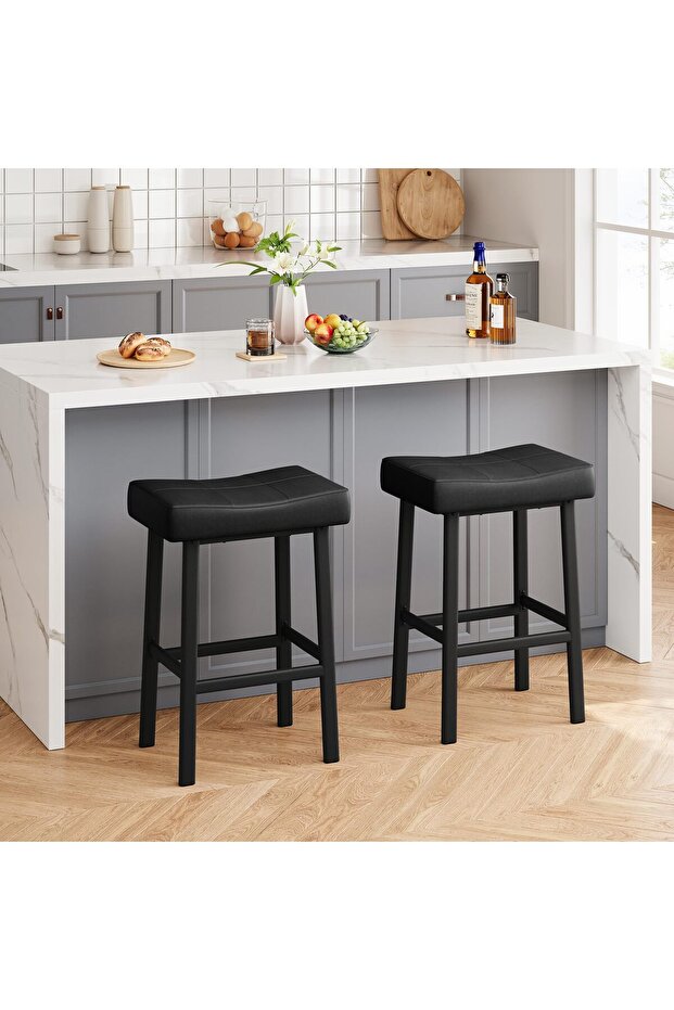 Set of 2 Bar Stools with Height for Kitchen Island Counter, Padded Chairs Upholstered with Curved Cushion, Easy to Assemble - Black