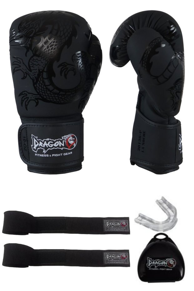 La Noche Boxing Glove Set Kick Boxing Muay Thai Gloves and 3.5 Mt Elite Elastic Bandage and Mouthguard Set of 3