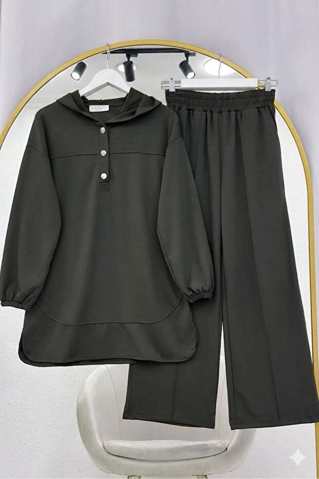 Hooded Button Detailed Pants Suit Khaki