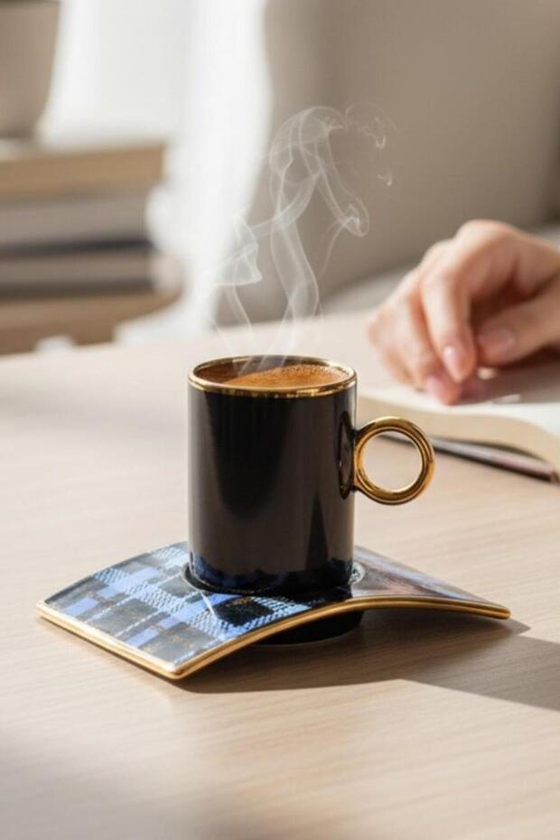 Single porcelain coffee cup with plaid curved plate