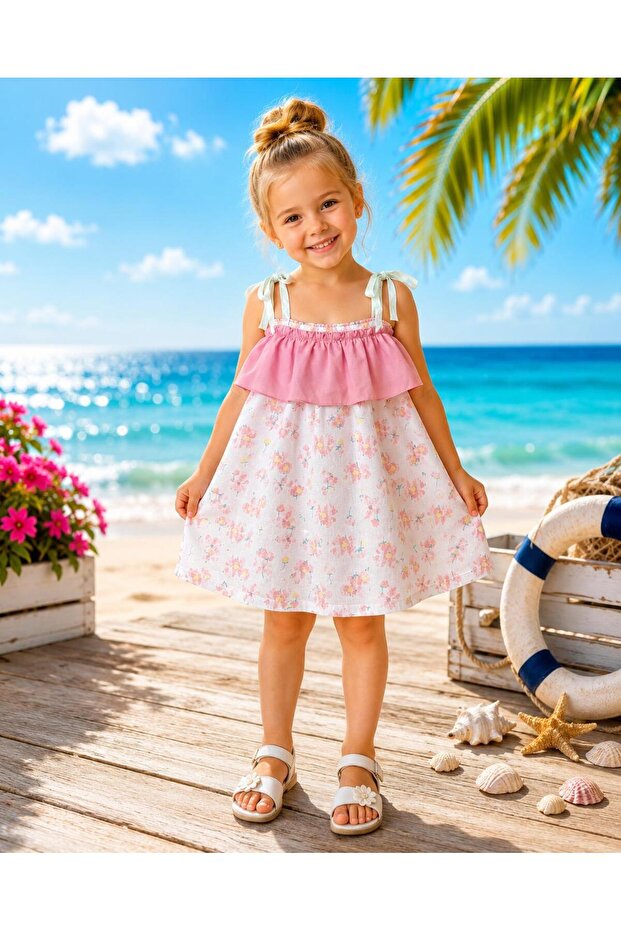 Girl's Floral Patterned Ruffle Detailed Rope Strap Summer Dress
