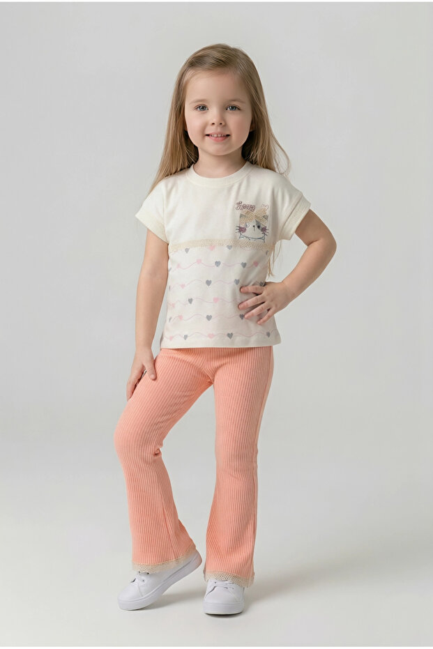 Girl's Cat Printed Short Sleeve Set Single Jersey Combed Cotton T-Shirt Cotton Report Spanish Leggings 2-6 Years Old