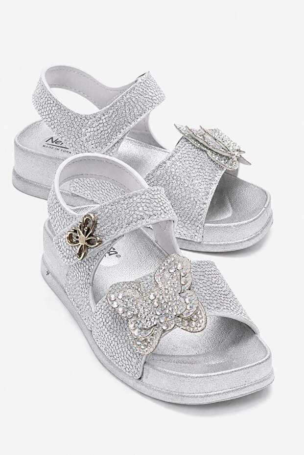 Silvery Butterfly Stone Children's Sandals Silver