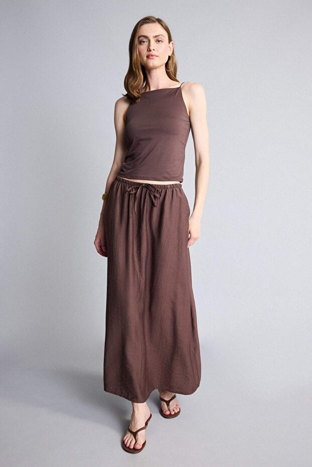 A-Line Regular Waist Wrinkled Textured Viscose Midi Brown Skirt I1654Ax26Sm