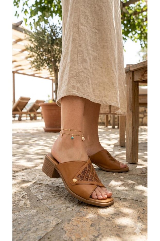 Tan Leather Laser Women's Casual Slippers
