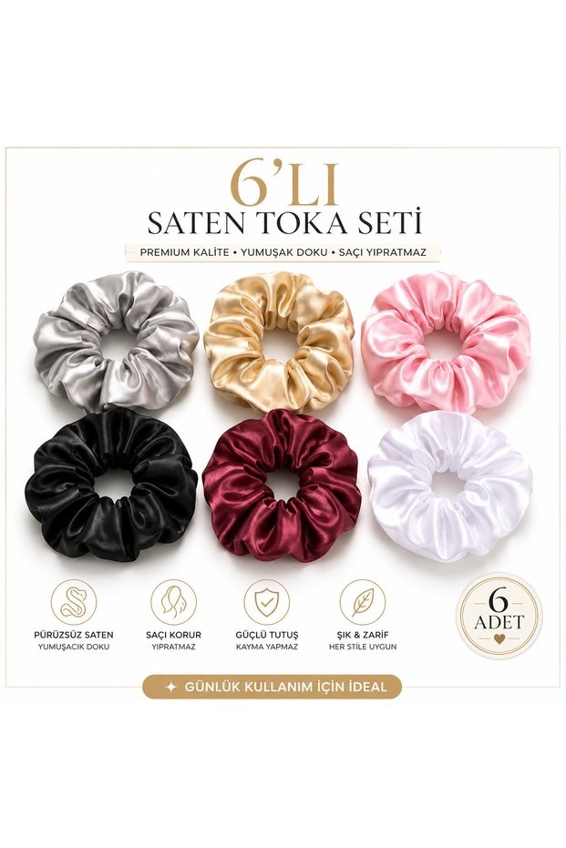Satin Hair Clips, Set of 6, Burgundy, White, Black, Gold, Pink, Silver, Does Not Damage Hair, Does Not Leave Marks