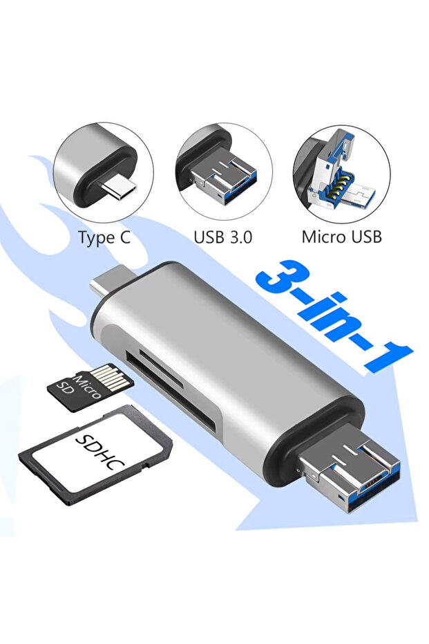 قارئ بطاقات 3 في 1 من نوع C USB 3.0 - محول سريع لنقل البيانات