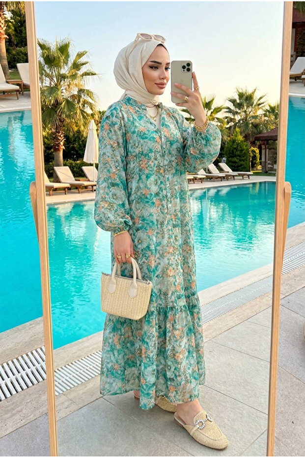 Women's Mediterranean-Inspired Floral Patterned Long Hijab Dress (Unlined)