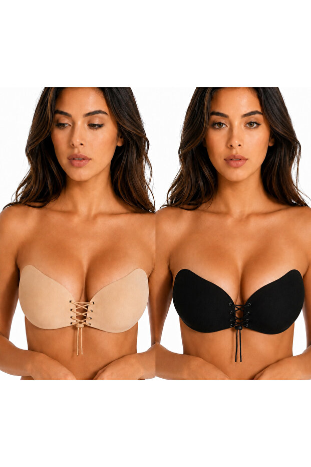 Butterfly Bra Strapless Seamless Silicone Adhesive That Makes You Look Fuller 2 Pieces (Tan+Black)