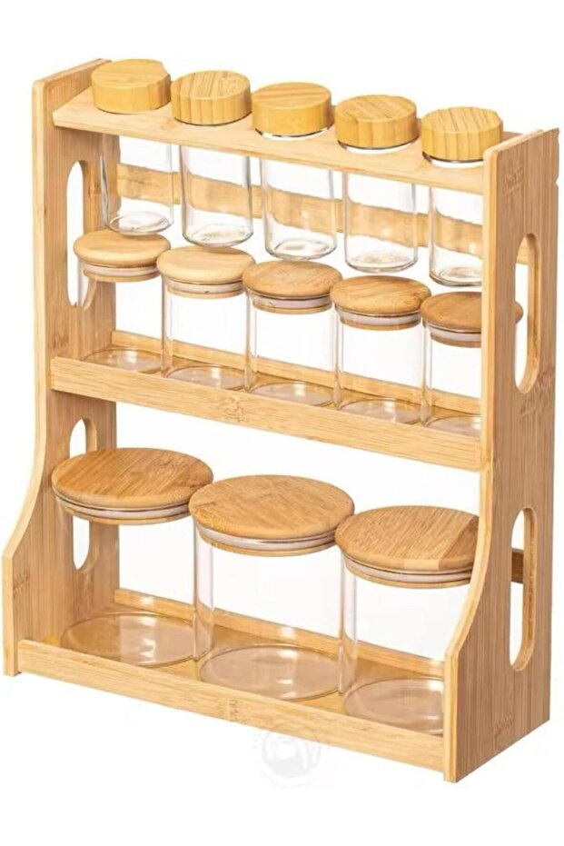 Bamboo Spice Rack Organizer, 3-Tier Kitchen Counter Storage with Glass Spice Jars & Storage Jars