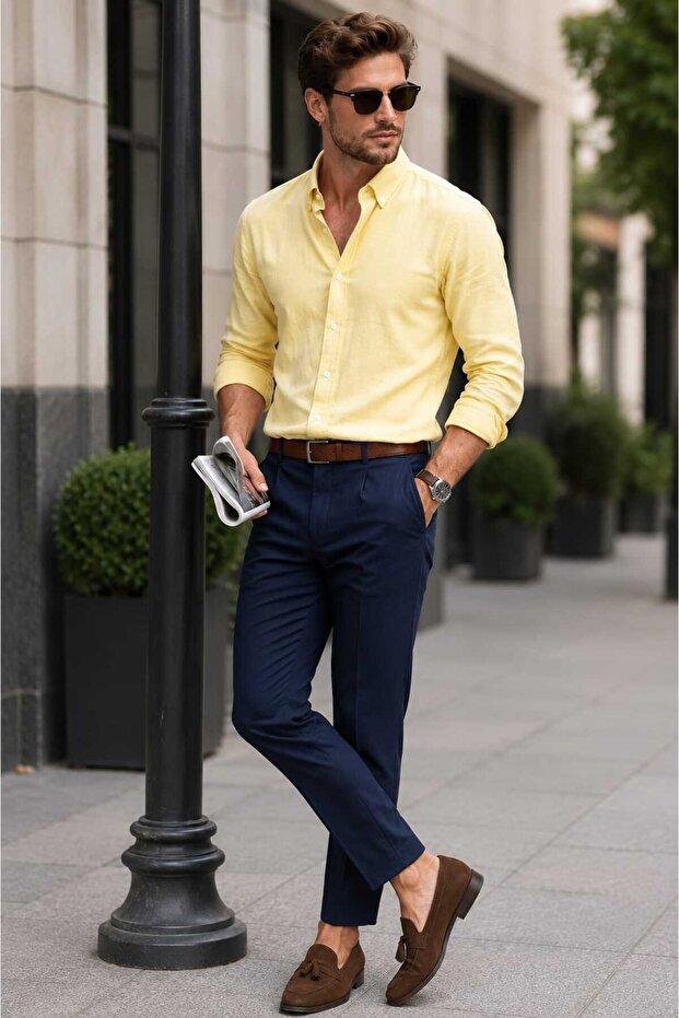 Fit Cut Cotton Linen, Breathable, Light Textured, Button-Up Collar, Men's Linen Shirt