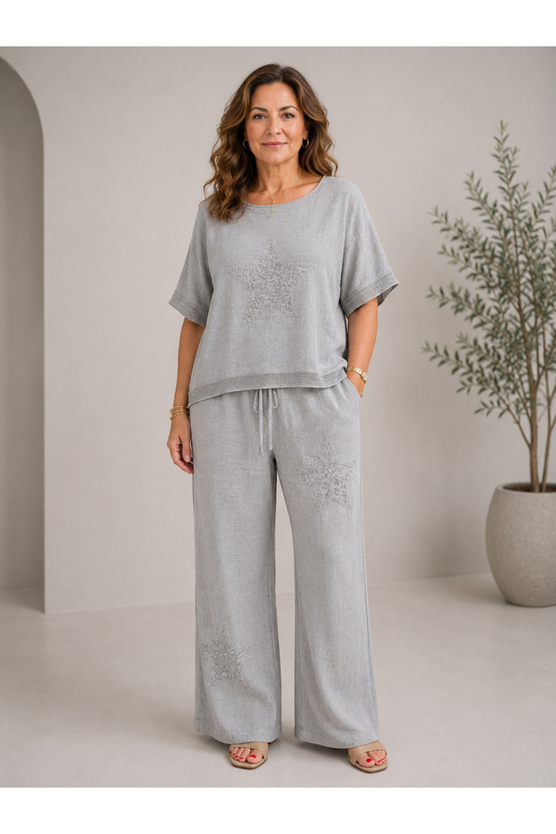 Star Embroidered Linen Pants Suit