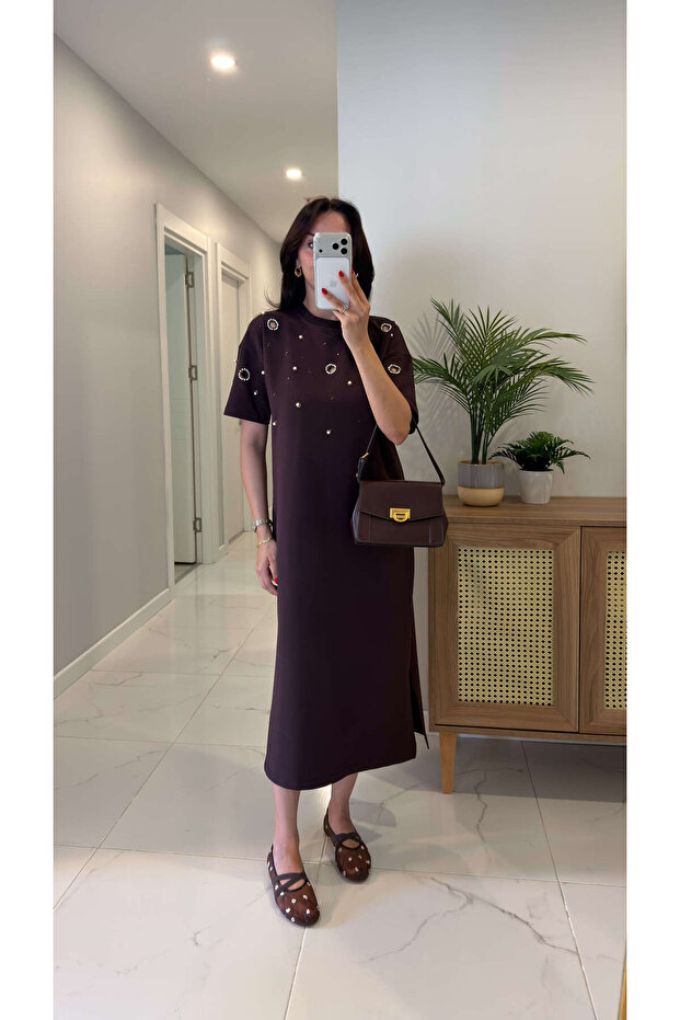 Poyana Coffee Pearl Embroidered Detailed Dress