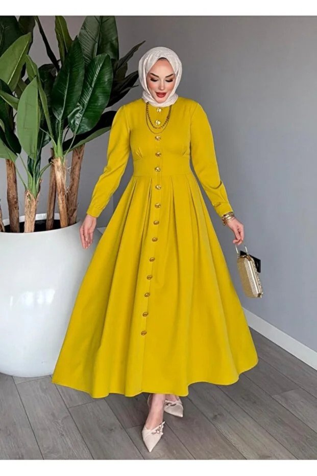 Women's Oil Green Hijab Stylish Elegant Dabıl Crepe Fabric Asel Model Dress