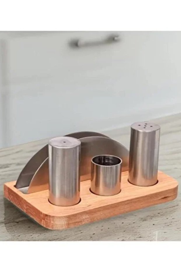 4 Piece Menanj Salt Shaker Pepper Shaker Toothpick Holder Napkin Holder Set with Wooden Stand Ik121