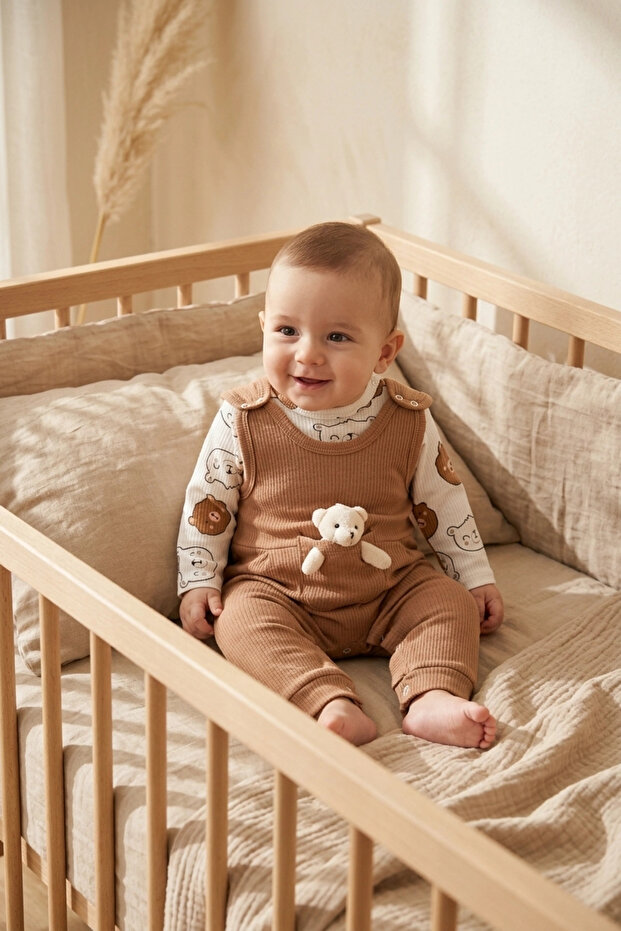 Nafitto Baby Sage Brown Waffle Knit Teddy Bear Salopet and Patterned Bodysuit Set - Cotton Texture 3-9