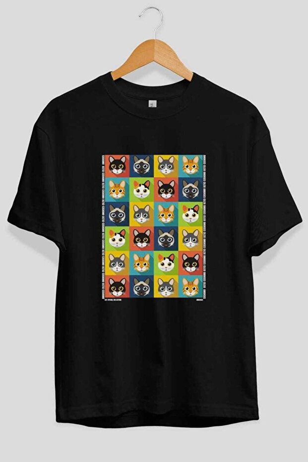 For the Love of Cats 122 Front Cat Printed Black Oversize T-Shirt 100% Cotton Unisex Cat Lover Premium Design