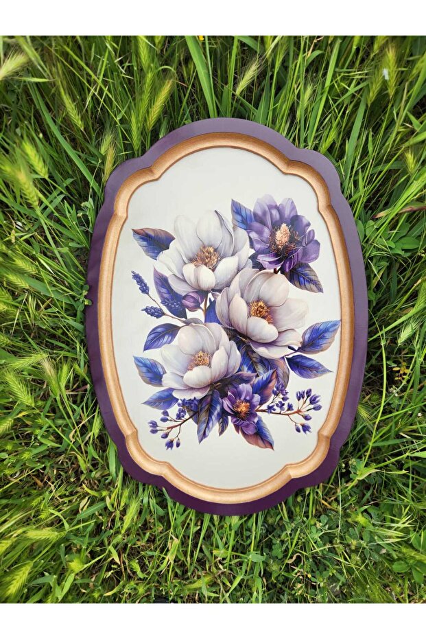 Floral Patterned Hand-Painted Wooden Tea-Coffee Tray, Presentation Tray 34X24Cm