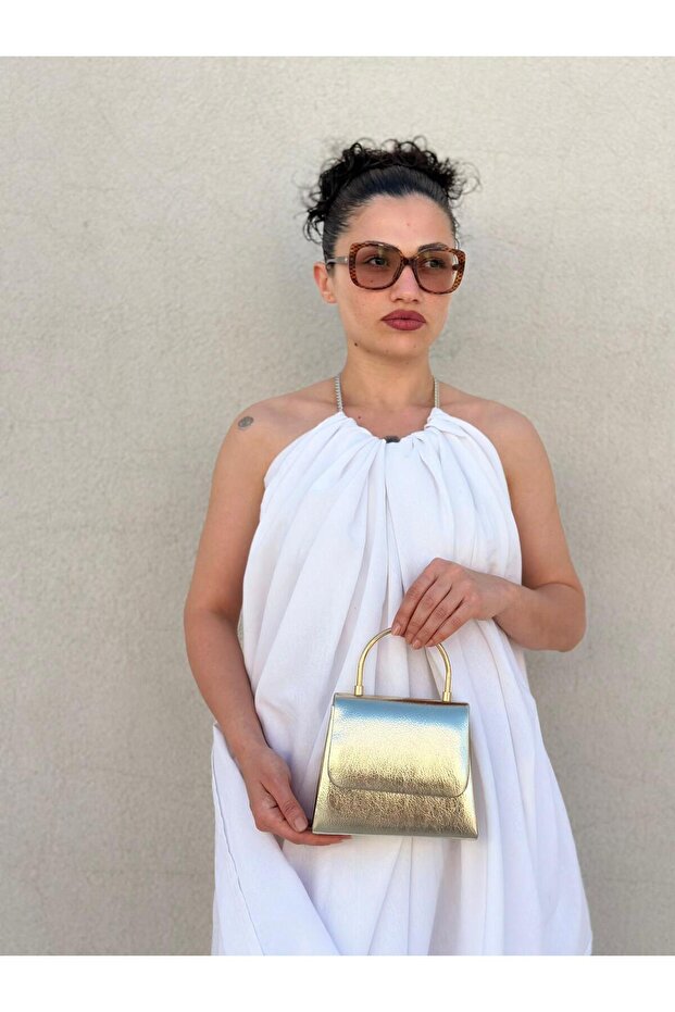 Women's Gold Leather Evening Dress Bag