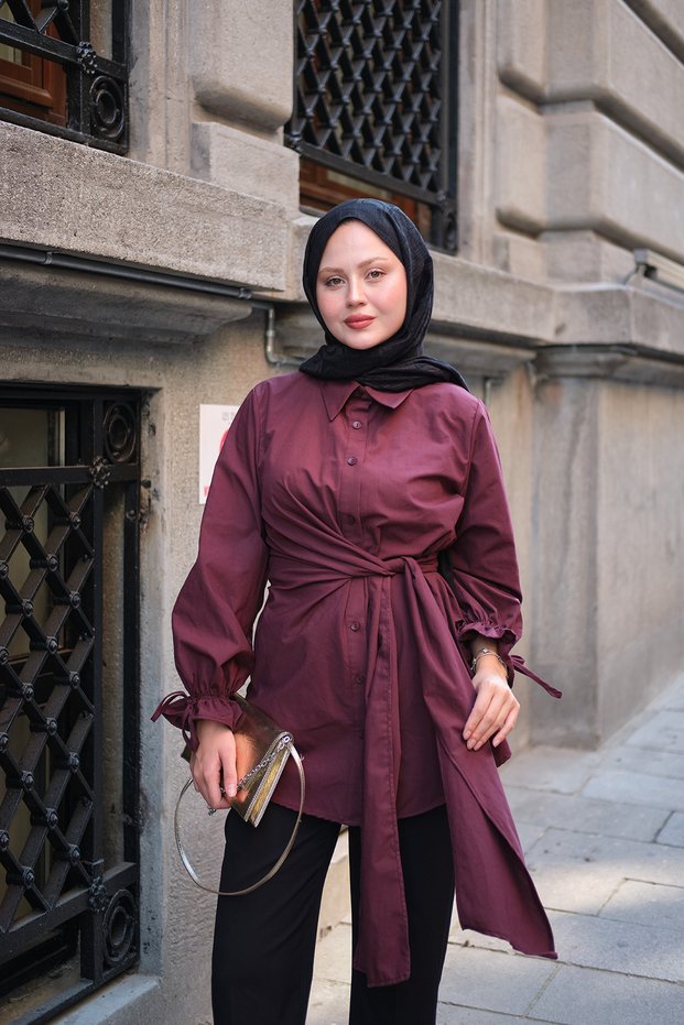 Women's Ankle Tie Detail Side Tie Shirt Burgundy