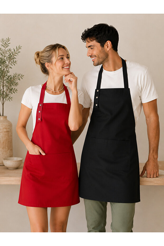 طقم مريلة مطبخ مكون من قطعتين، مقاوم للبقع، قماش طارد للماء، بدون نقوش، مريلة مطبخ مزدوجة عادية