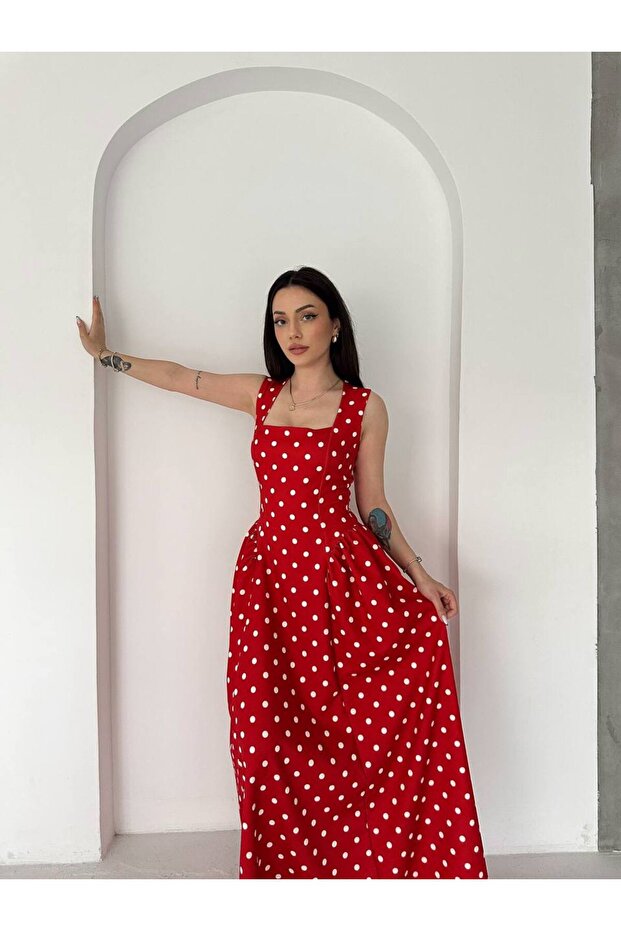 Polka Dot Patterned Square Neck Midi Dress Elegant Cut Summer Women's Dress
