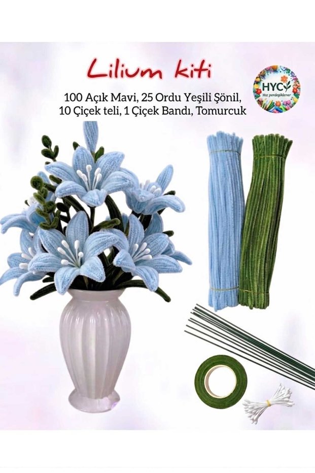 Lilium Flower Making Kit – 125 Chenille Stems (100 Light Blue, 25 Army Green) + Bud, Band, Floral Wire