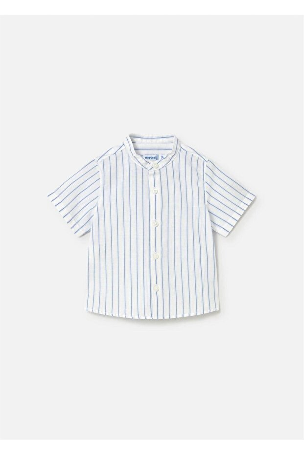 Baby Boy Striped Mao Collar Short Sleeve Shirt Blue 1111