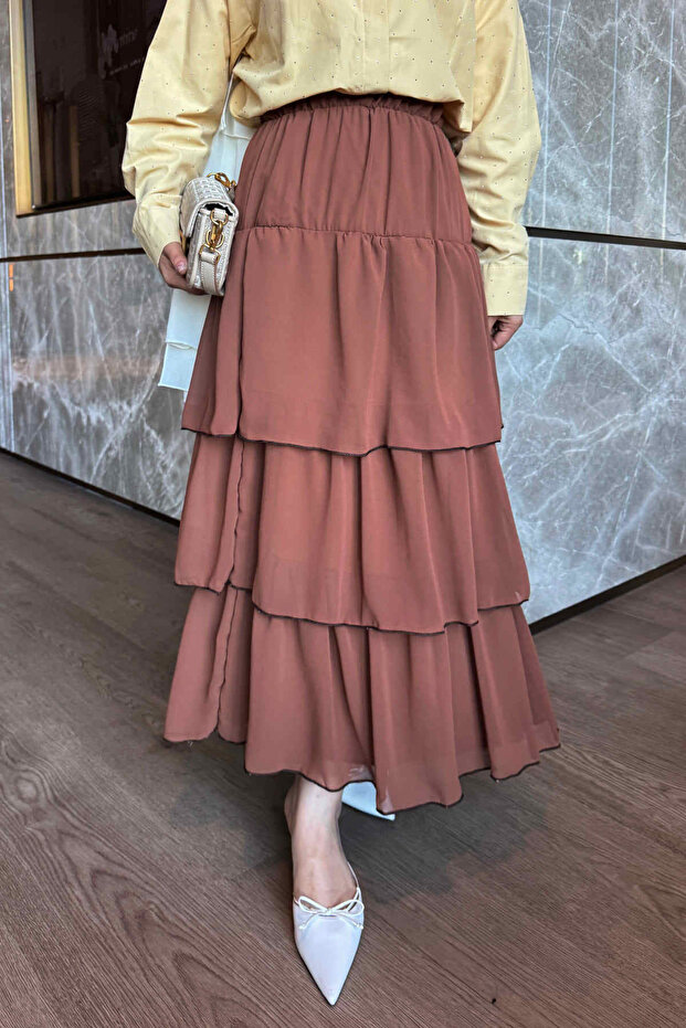 Tan Color Layered Chiffon Skirt with Elastic Waist