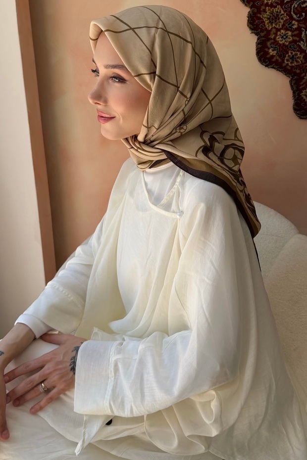Khaki Floral Patterned Silk Scarf