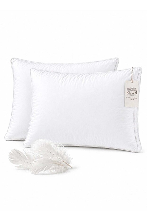 2PC 100% Goose Feather Pillow with Double Piping 50x70x3 cm | 233 TC Cotton Shell | Premium Cotton Comfort with Plush Filling, 1300g