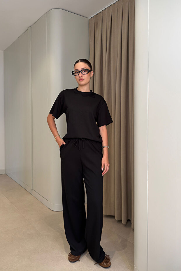 Short Sleeve Imported Fabric Basic Set - Black
