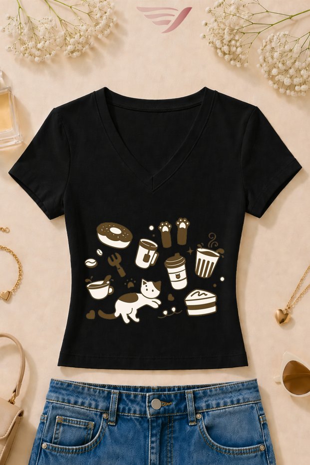 Women's Cat Coffee Sweet Printed Basic Daily Use V-Neck Slim Fit Lycra T-Shirt