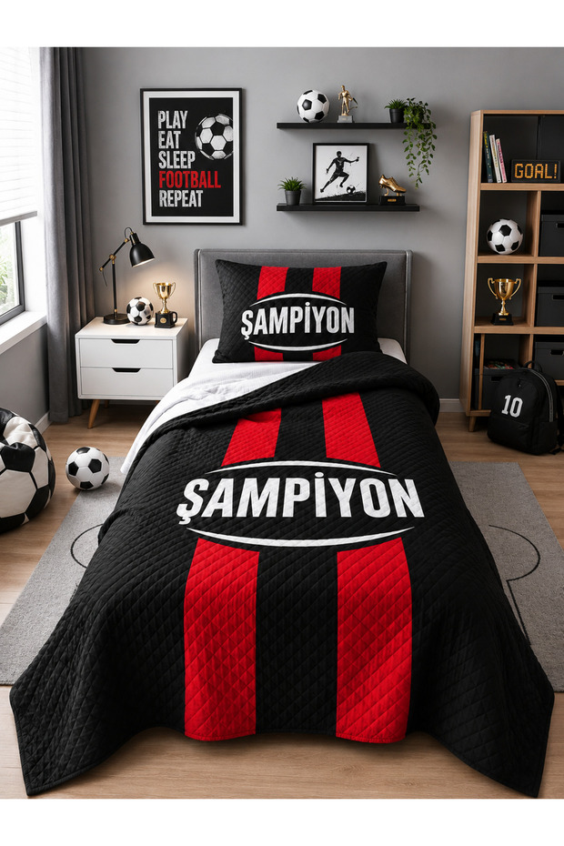 Black Red Champion Fan Children's Room Single Pique Bedspread