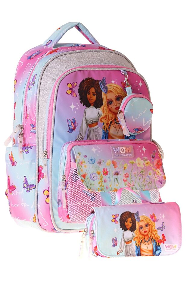 Butterfly Girl (Turquoise - Pink) Primary School School Bag and Pencil Case Set - Setwg-W6074C
