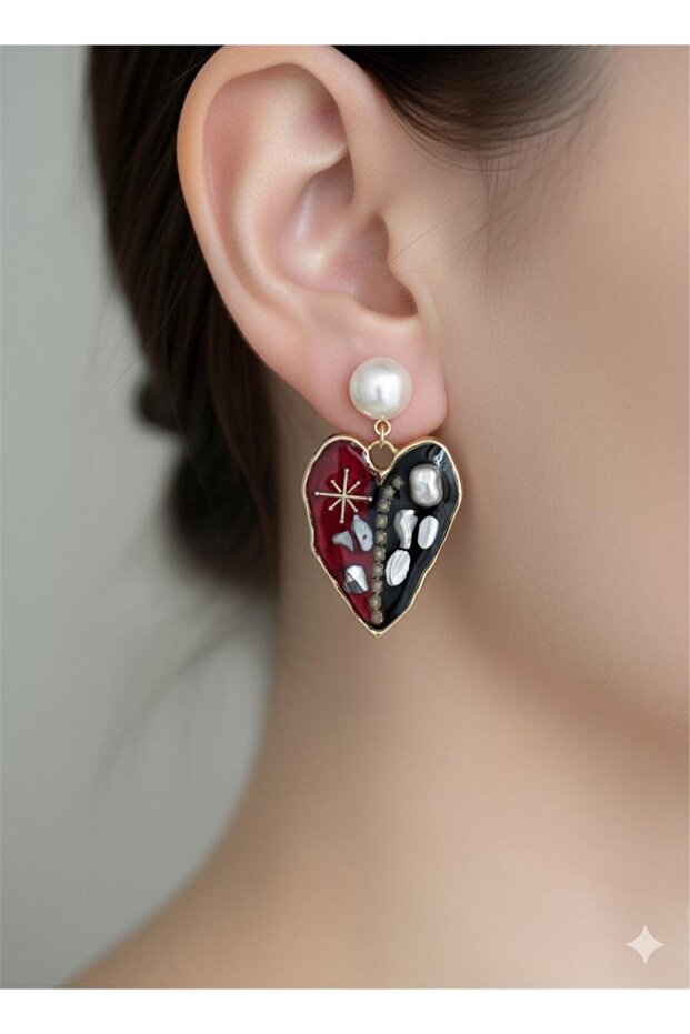 Burgundy Red and Black Enamel Ethnic Heart Earrings
