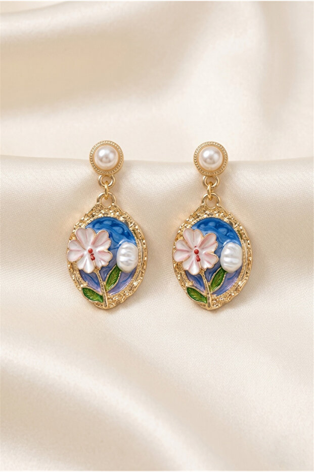 Blue Background Flower and Pearl Detailed Oval Earrings