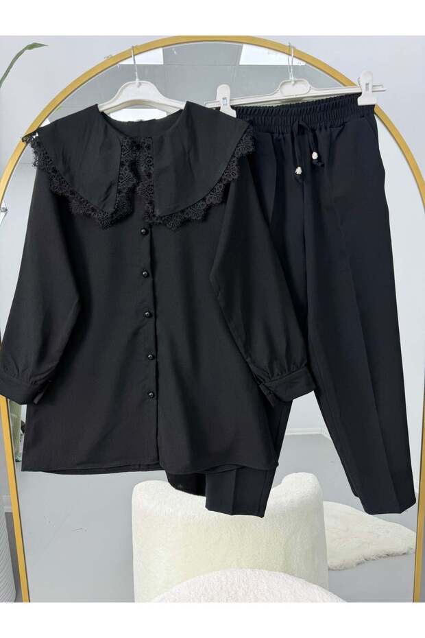 Lace Detailed Collar Detail Pants Suit Black-Black