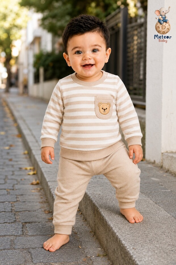 Boy's - Baby Set - Striped Seasonal Top and Bottom Set with Teddy Bear Pocket
