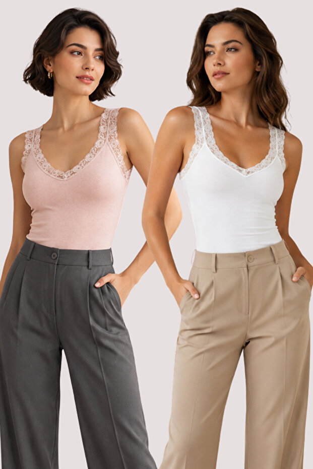 Women's 2-Piece Lace Strap V-Neck Cotton & Modal Flexible Undershirt - 2-Piece Advantage Pack