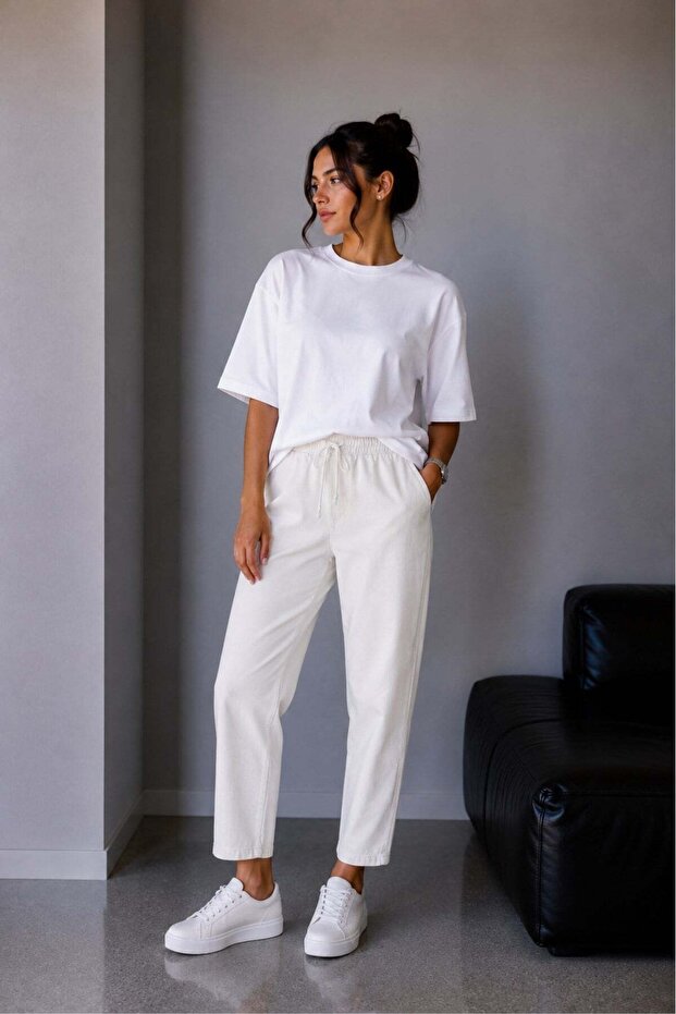 1019 Women's 100% Cotton Gabardine Elastic Waist Carrot Cut Trousers White