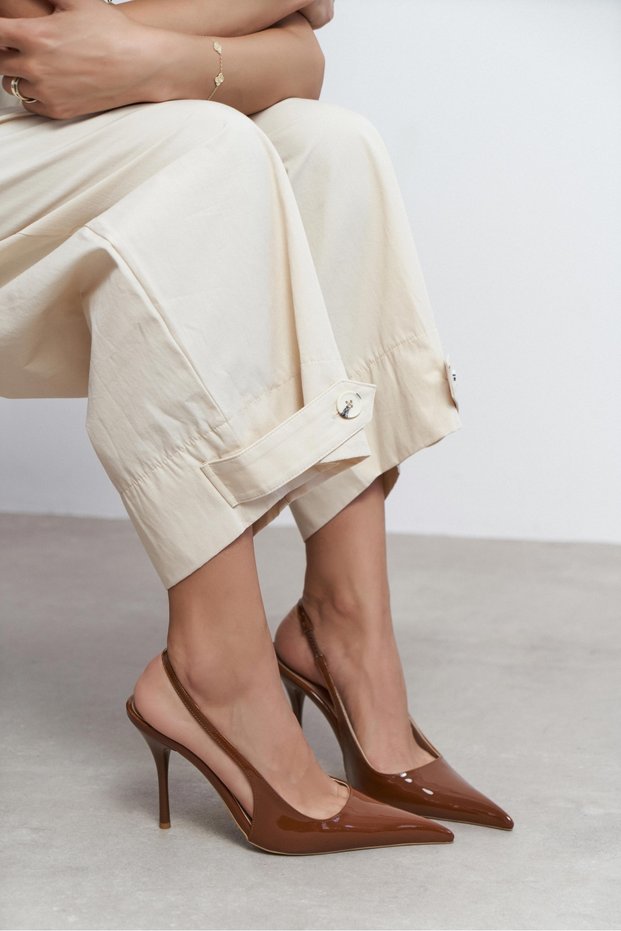 Gloria Brown Patent Leather Belt Detail Pointed Toe Women's Heeled Shoes