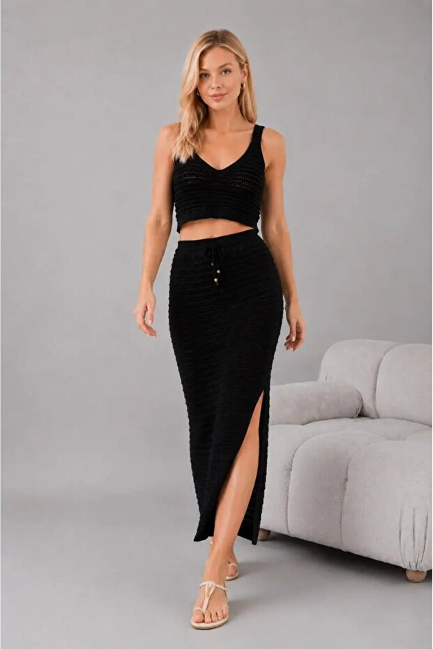 Women's Openwork Bustier Skirt Knitwear Beach Set 8273Sw