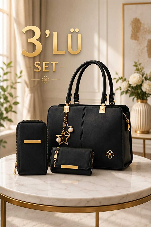 Women's Black 3-Piece Bag Set, Five-Compartment Women's Shoulder and Shoulder Bag, Phone Holder and Wallet Set