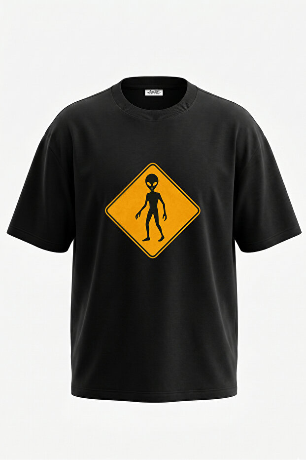 Alien Warning Design Back Printed Cotton Black Oversize T-Shirt