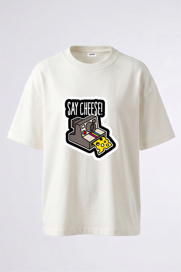 Say Cheese Camera Design Back Printed Cotton White Oversize T-Shirt