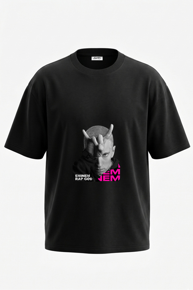 Eminem Rap God Design Back Printed Cotton Black Oversize T-Shirt