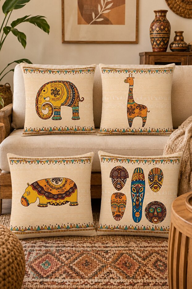 Ethnic Elephant Giraffe Hippo Masks Patterned 4-Piece Throw Pillow Cover Set