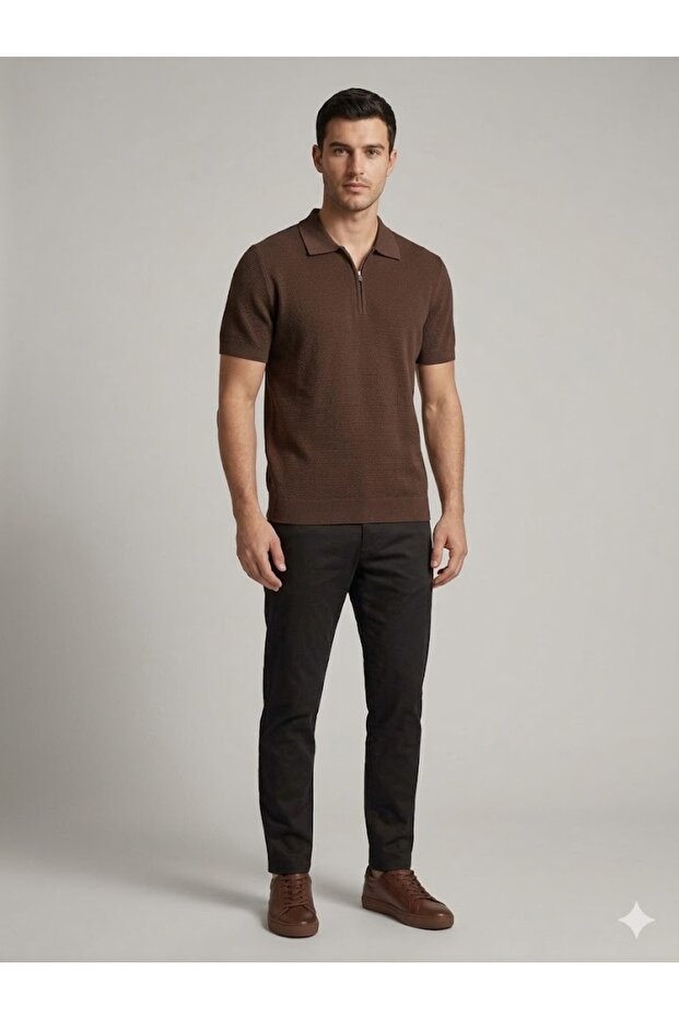 Vaganza Zippered Polo Collar Textured Short Sleeve Knitwear T-Shirt 4083