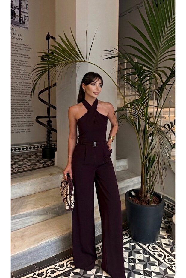 Burgundy Jumpsuit with Waist Belt Detail - 8470